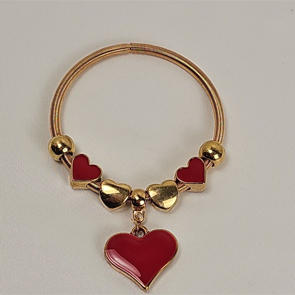 Vintage Gold Tone Coil Bracelet Red Enamel Heart Slider Beads Charms